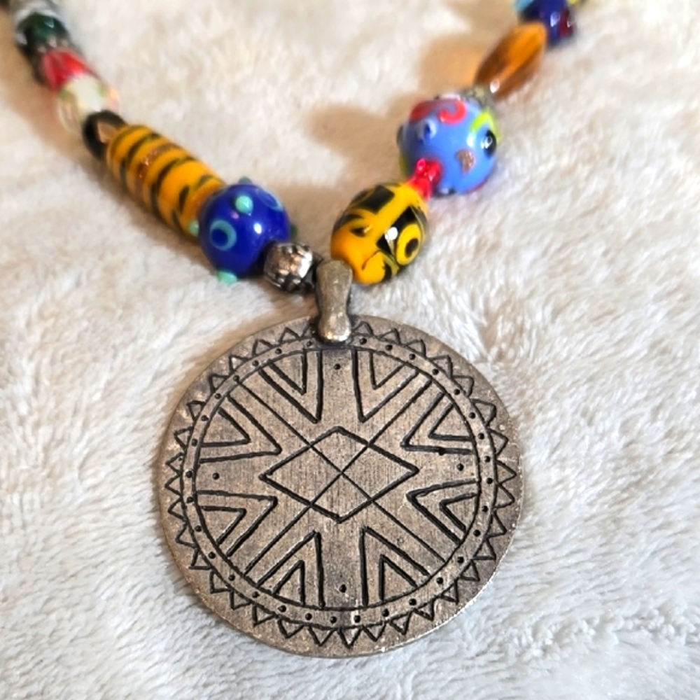 #245 CHICO'S Multicolor Beaded Necklace with Silver Pendant - Picture 3 of 6
